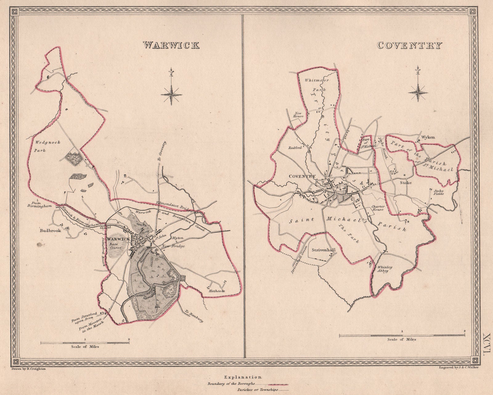 WARWICKSHIRE TOWNS. Warwick Coventry borough plans. CREIGHTON/WALKER 1835 map